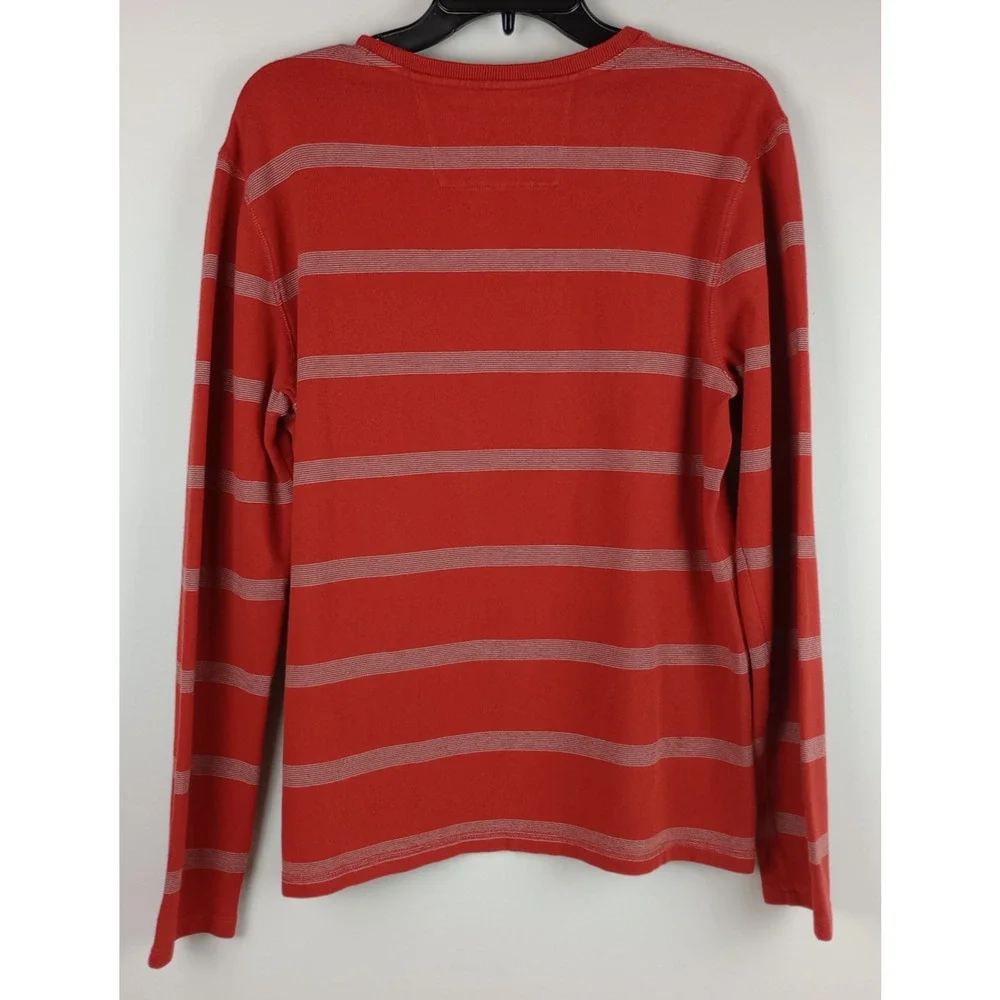Banana Republic Mens M Red Gray Striped Round Neck Long Sleeve Knit Sweater
